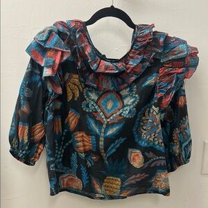 FARM Rio Green and Blue Puff Sleeve Blouse with Ruffled Bib Collar